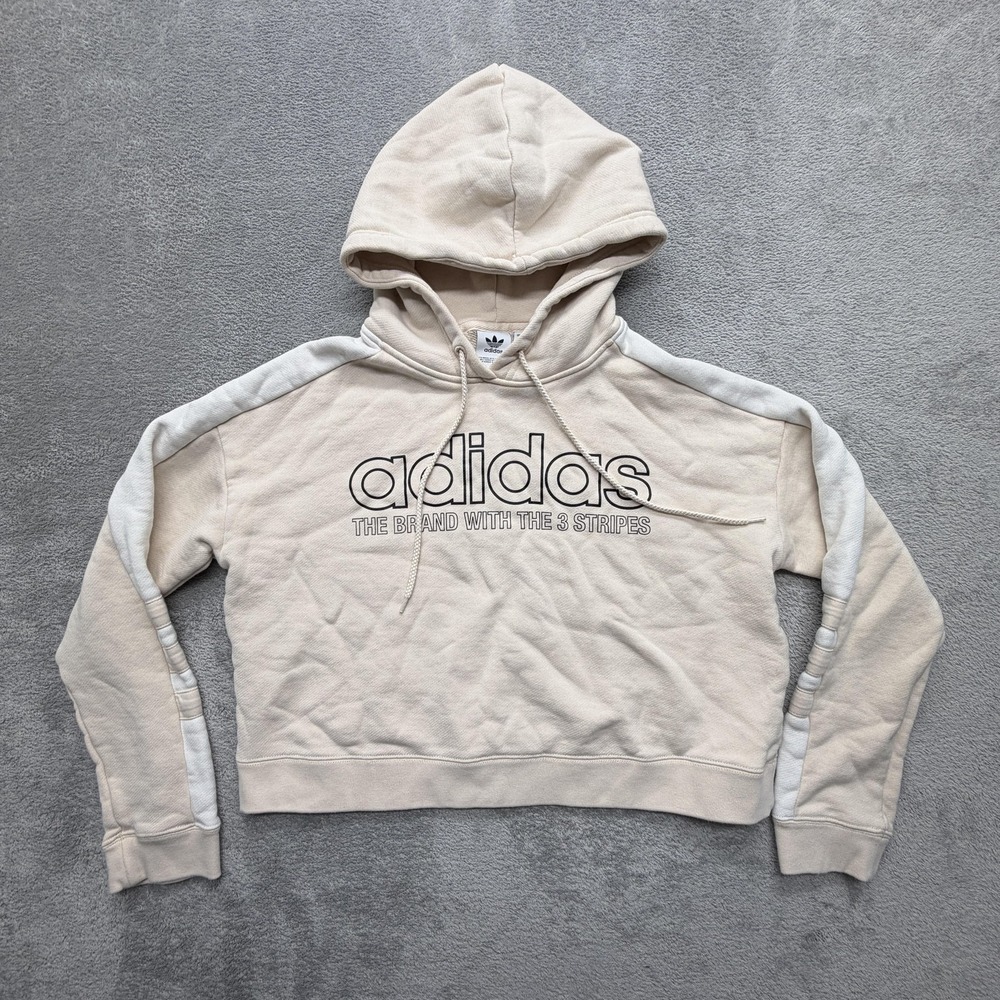 Adidas Hoodie Womens S Beige Pullover Hooded Graphic Logo Fleece Cropped
